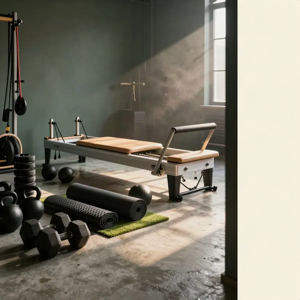 Premium training studio with weights, reformer, mats and dawn light on damp concrete.