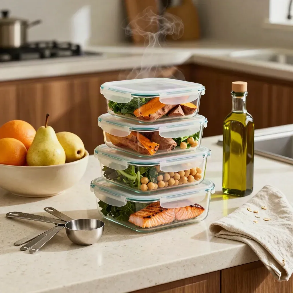 Meal-prep containers, produce, fruit bowl, olive oil and spoons on a travertine kitchen counter.