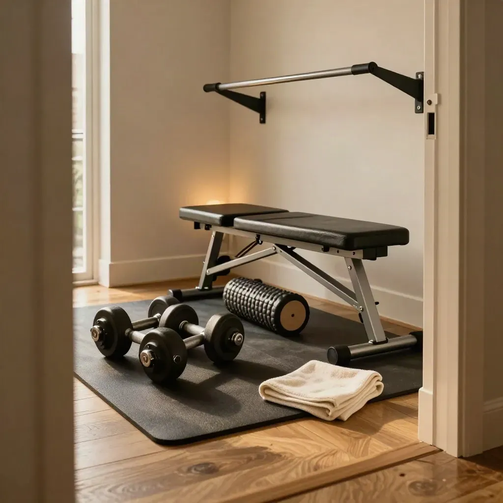 Cozy home-office workout corner with dumbbells, mat, bench, roller, and pull-up bar in warm afternoon light.