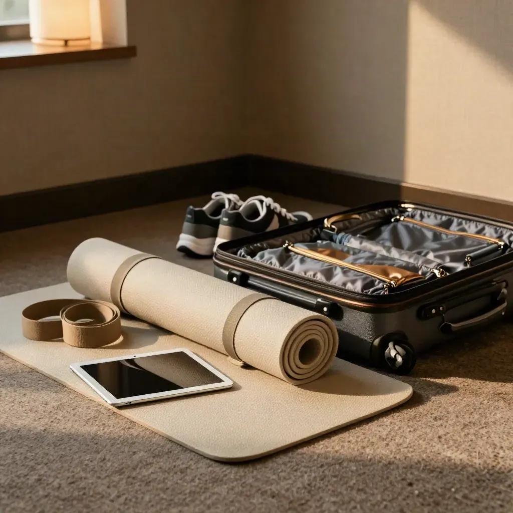 Travel fitness kit packed in a hotel corner with mat, bands, tablet, sneakers and suitcase.