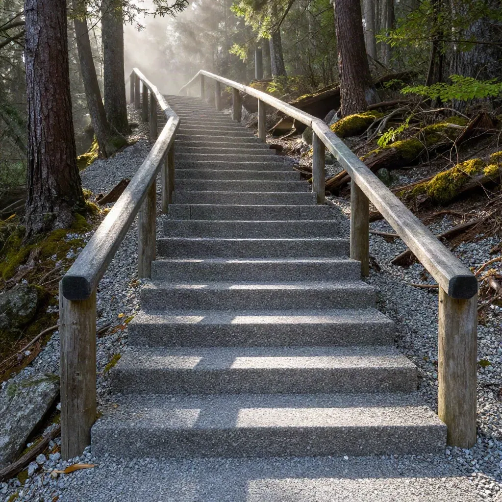 Rocky forest staircase with a slate handrail climbing into misty fir trees
