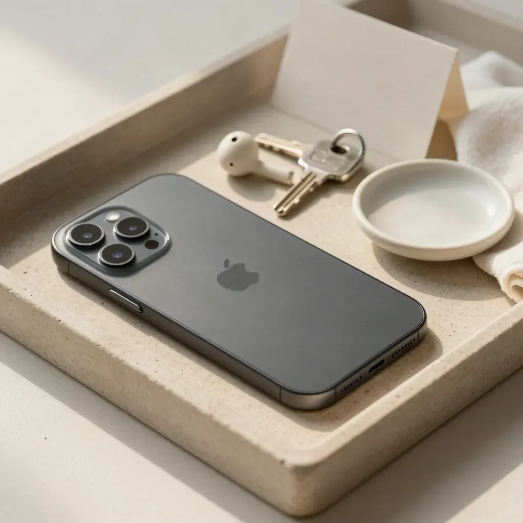 Face-down phone, earbuds, house key and ceramic dish on a stone entry tray.