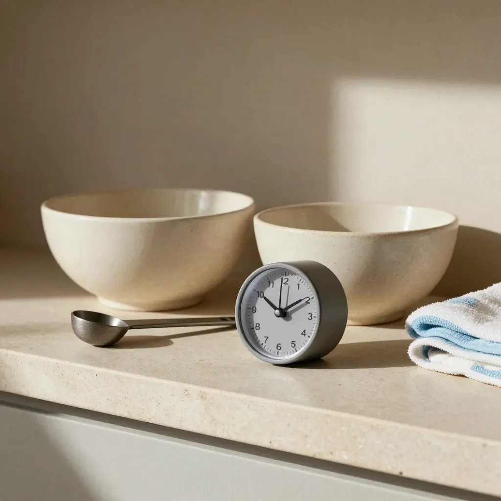 Minimal wellness still life with bowls, timer, measuring spoons and towel on a stone shelf