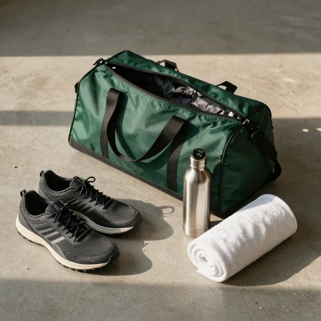 Open gym bag with shoes, bands, bottle and towel on concrete, overhead flatlay.