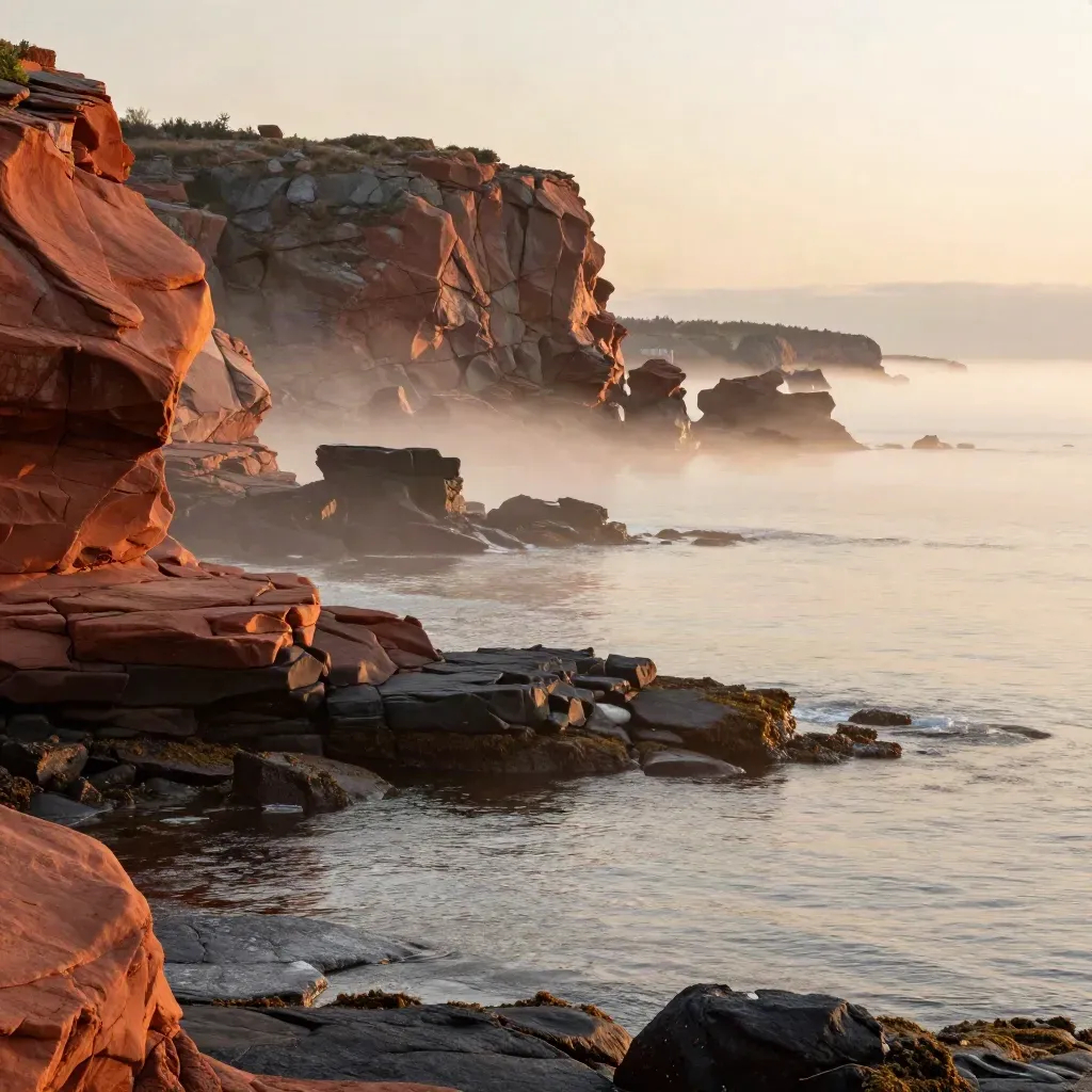 Fog-softened Atlantic Canada coast with red sandstone, dark rock, and a faint harbour line.